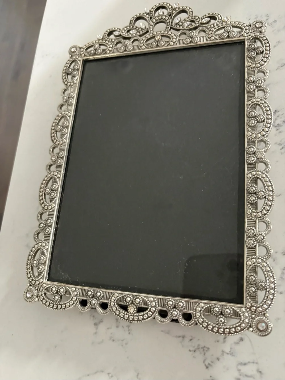 Vintage Ornate Silver Rhinestone Filigree 5x7 Picture Frame Velvet Back